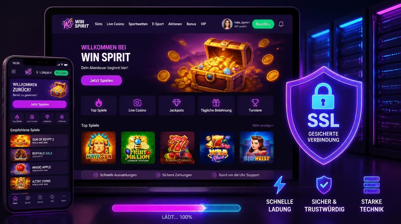 Casino Desktop und Mobilgerät mit SSL-Symbol, klarer Grafik und reibungsloser Anzeige